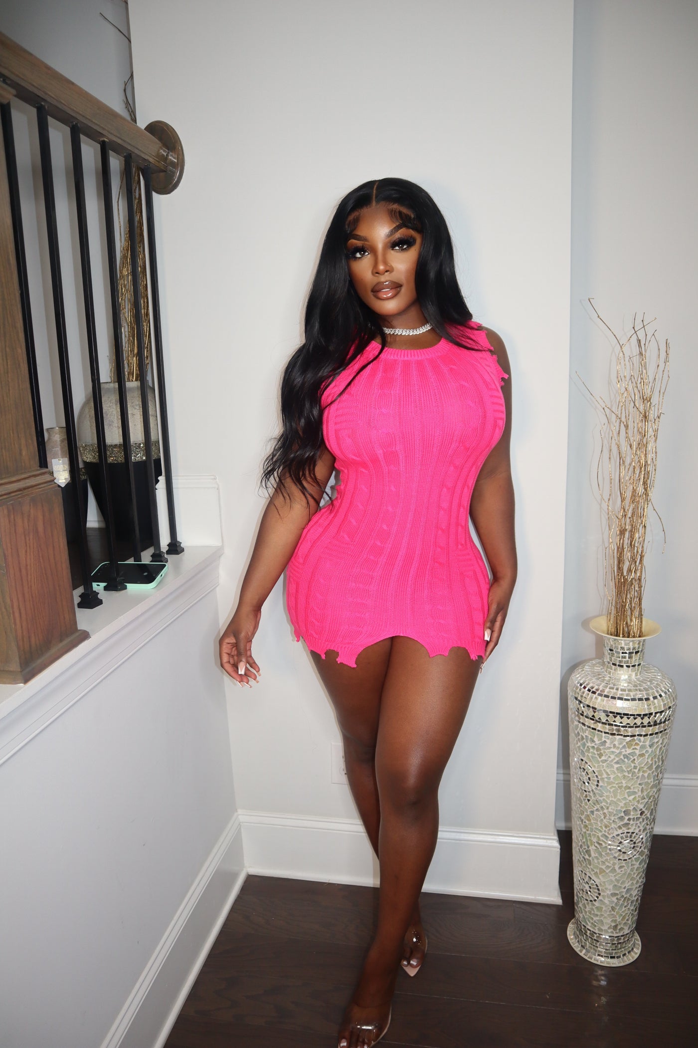 KNITTED MINI DRESS PINK